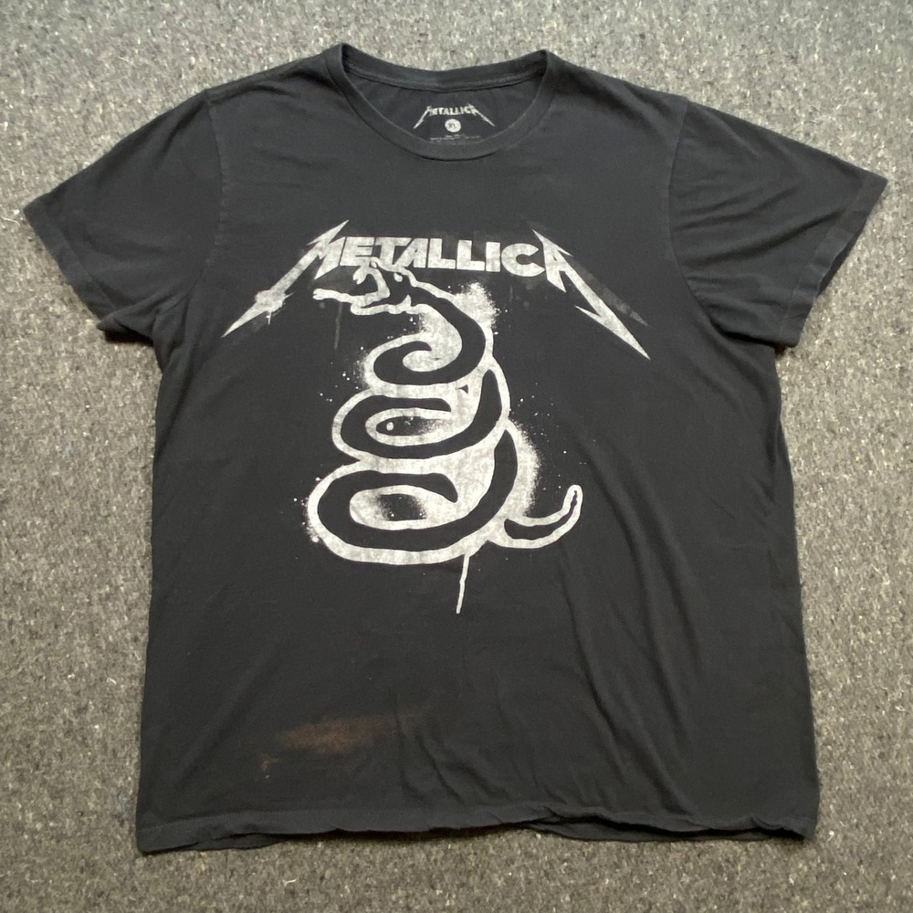 Metallica Rock Mens XL Black Album Coiled Snake Graphic T-Shirt Distressed Black
